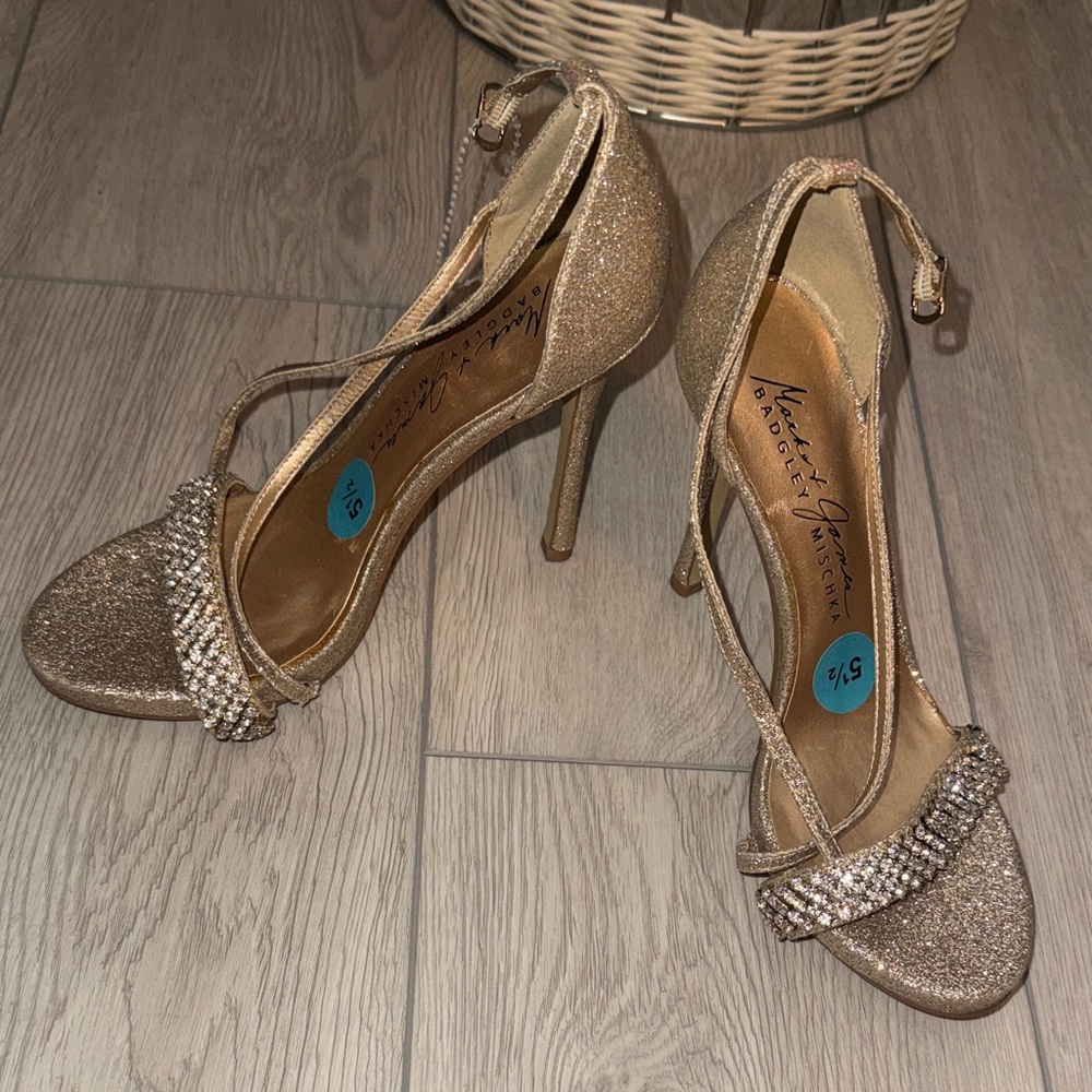 Badgley Mischka Gold Glitter Open-Toe Ankle-Strap Heels with Rhinestone Band